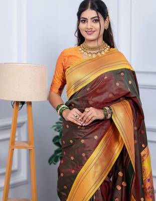 brown floral, temple border, zari woven silk blend saree with blouse 2
