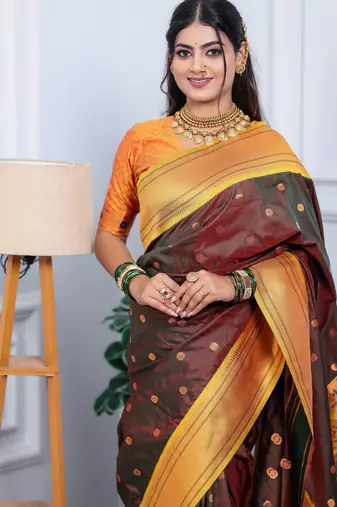 brown floral, temple border, zari woven silk blend saree with blouse