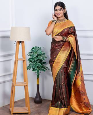 brown floral, temple border, zari woven silk blend saree with blouse 3
