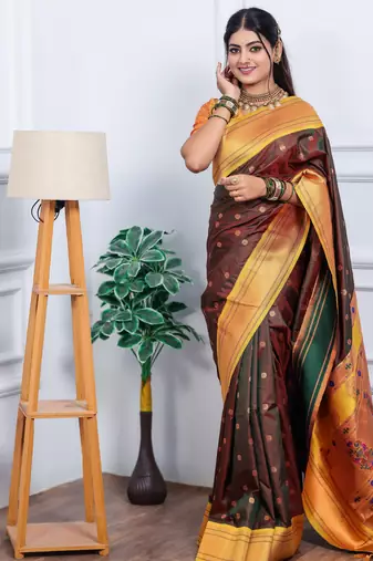 brown floral, temple border, zari woven silk blend saree with blouse