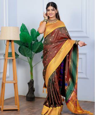 brown floral, temple border, zari woven silk blend saree with blouse 4