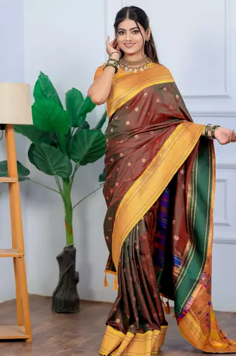 brown floral, temple border, zari woven silk blend saree with blouse