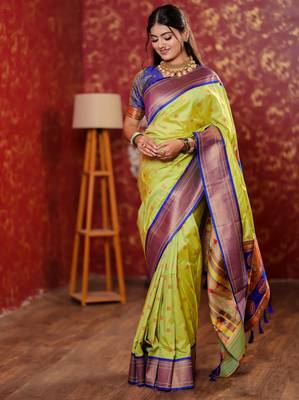 light green floral, temple border, zari woven silk blend saree with blouse 1