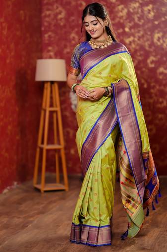 light green floral, temple border, zari woven silk blend saree with blouse
