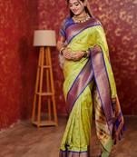 light green floral, temple border, zari woven silk blend saree with blouse
