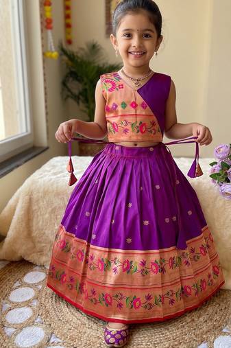 Kids paithani silk lotus pattern lehenga choli