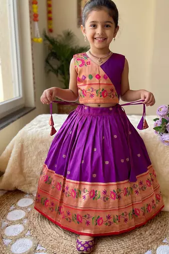 Kids paithani silk lotus pattern lehenga choli