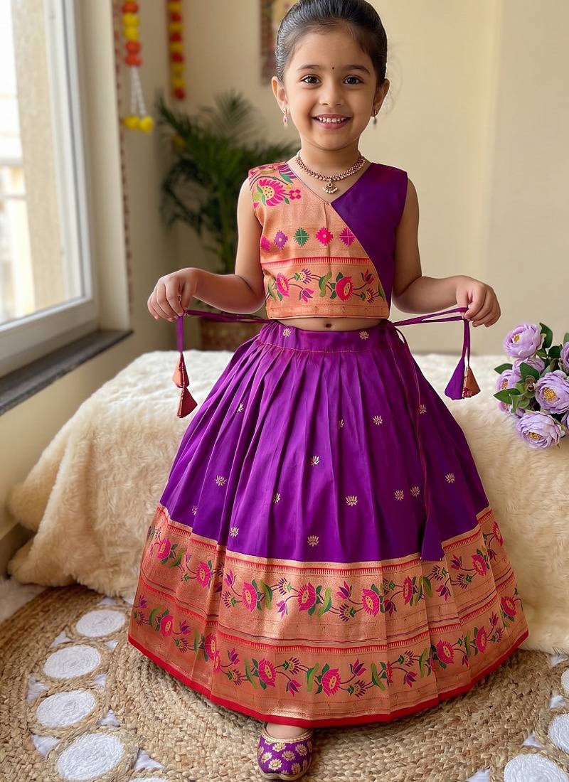 Kids paithani silk lotus pattern lehenga choli