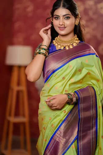 light green floral, temple border, zari woven silk blend saree with blouse