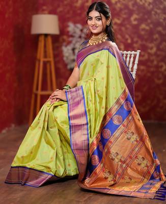 light green floral, temple border, zari woven silk blend saree with blouse 3