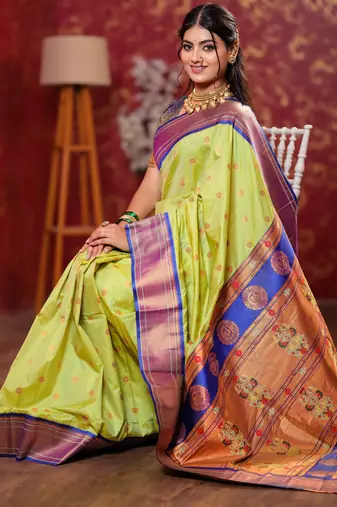 light green floral, temple border, zari woven silk blend saree with blouse