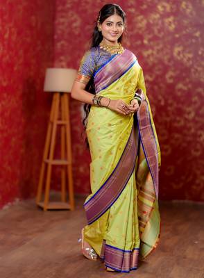 light green floral, temple border, zari woven silk blend saree with blouse 4