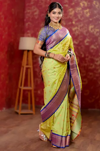 light green floral, temple border, zari woven silk blend saree with blouse