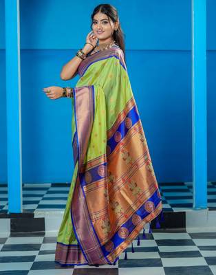 light green floral, temple border, zari woven silk blend saree with blouse 5