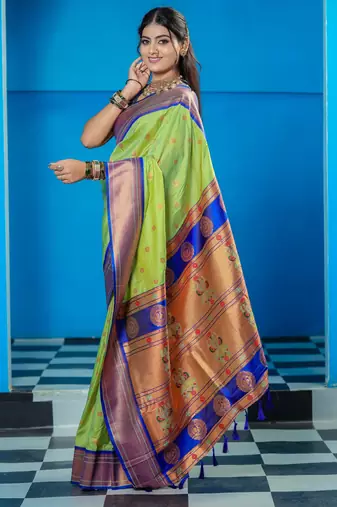 light green floral, temple border, zari woven silk blend saree with blouse
