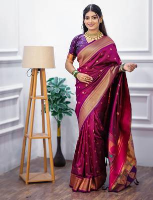 magenta floral, temple border, zari woven silk blend saree with blouse 1