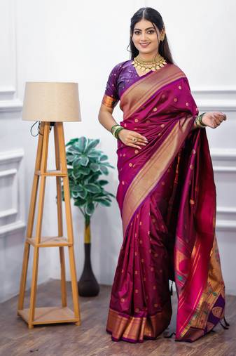 magenta floral, temple border, zari woven silk blend saree with blouse