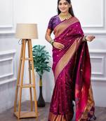 magenta floral, temple border, zari woven silk blend saree with blouse