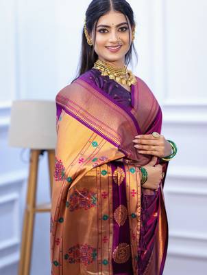 magenta floral, temple border, zari woven silk blend saree with blouse 3