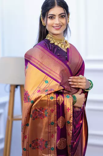 magenta floral, temple border, zari woven silk blend saree with blouse