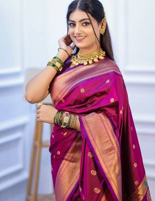 magenta floral, temple border, zari woven silk blend saree with blouse 4