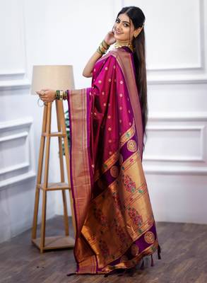 magenta floral, temple border, zari woven silk blend saree with blouse 5