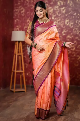 peach floral, temple border, zari woven silk blend saree with blouse