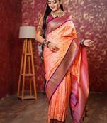 peach floral, temple border, zari woven silk blend saree with blouse