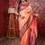 peach floral, temple border, zari woven silk blend saree with blouse