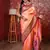 peach floral, temple border, zari woven silk blend saree with blouse