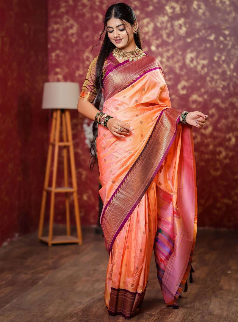 peach floral, temple border, zari woven silk blend saree with blouse