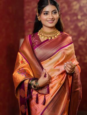 peach floral, temple border, zari woven silk blend saree with blouse 2