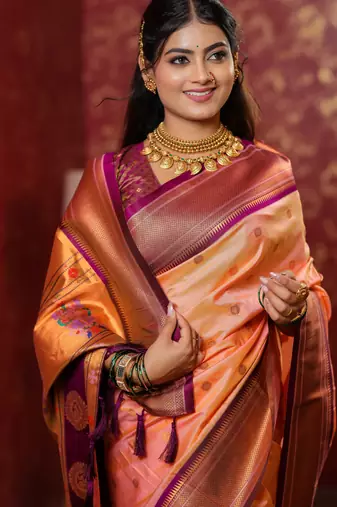 peach floral, temple border, zari woven silk blend saree with blouse