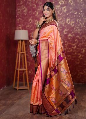 peach floral, temple border, zari woven silk blend saree with blouse 3
