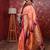 peach floral, temple border, zari woven silk blend saree with blouse