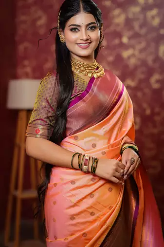 peach floral, temple border, zari woven silk blend saree with blouse