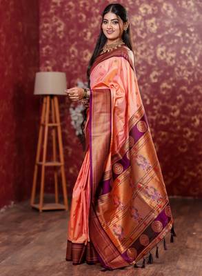 peach floral, temple border, zari woven silk blend saree with blouse 5