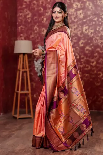 peach floral, temple border, zari woven silk blend saree with blouse