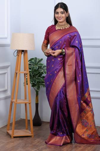 purple floral, temple border, zari woven silk blend saree with blouse