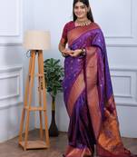 purple floral, temple border, zari woven silk blend saree with blouse