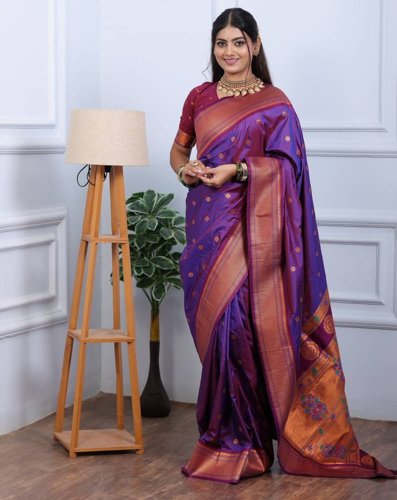 purple floral, temple border, zari woven silk blend saree with blouse