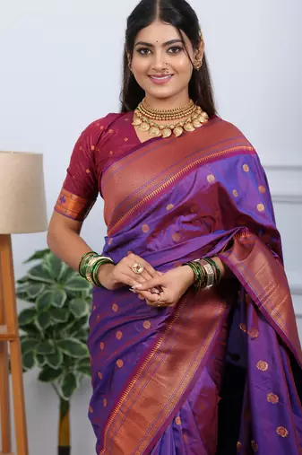 purple floral, temple border, zari woven silk blend saree with blouse