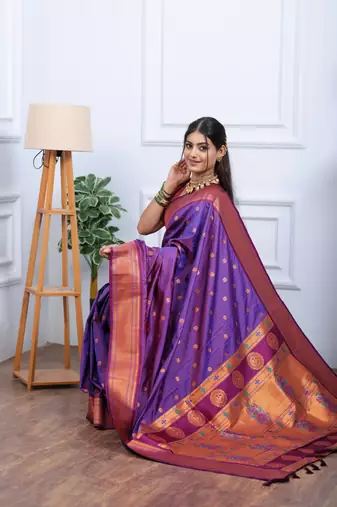 purple floral, temple border, zari woven silk blend saree with blouse