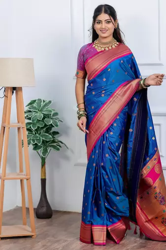 royal blue floral, temple border, zari woven silk blend saree with blouse