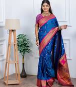 royal blue floral, temple border, zari woven silk blend saree with blouse