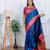 royal blue floral, temple border, zari woven silk blend saree with blouse
