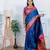royal blue floral, temple border, zari woven silk blend saree with blouse