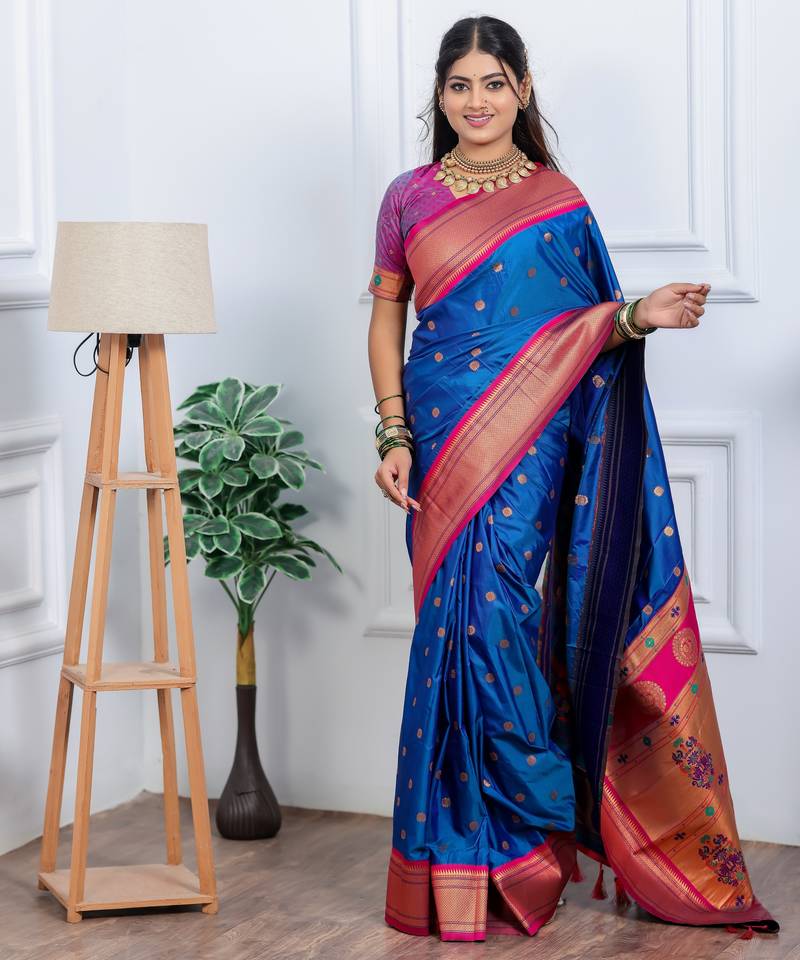 royal blue floral, temple border, zari woven silk blend saree with blouse