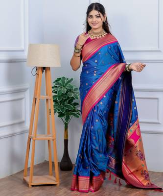 royal blue floral, temple border, zari woven silk blend saree with blouse 2