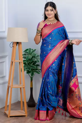 royal blue floral, temple border, zari woven silk blend saree with blouse